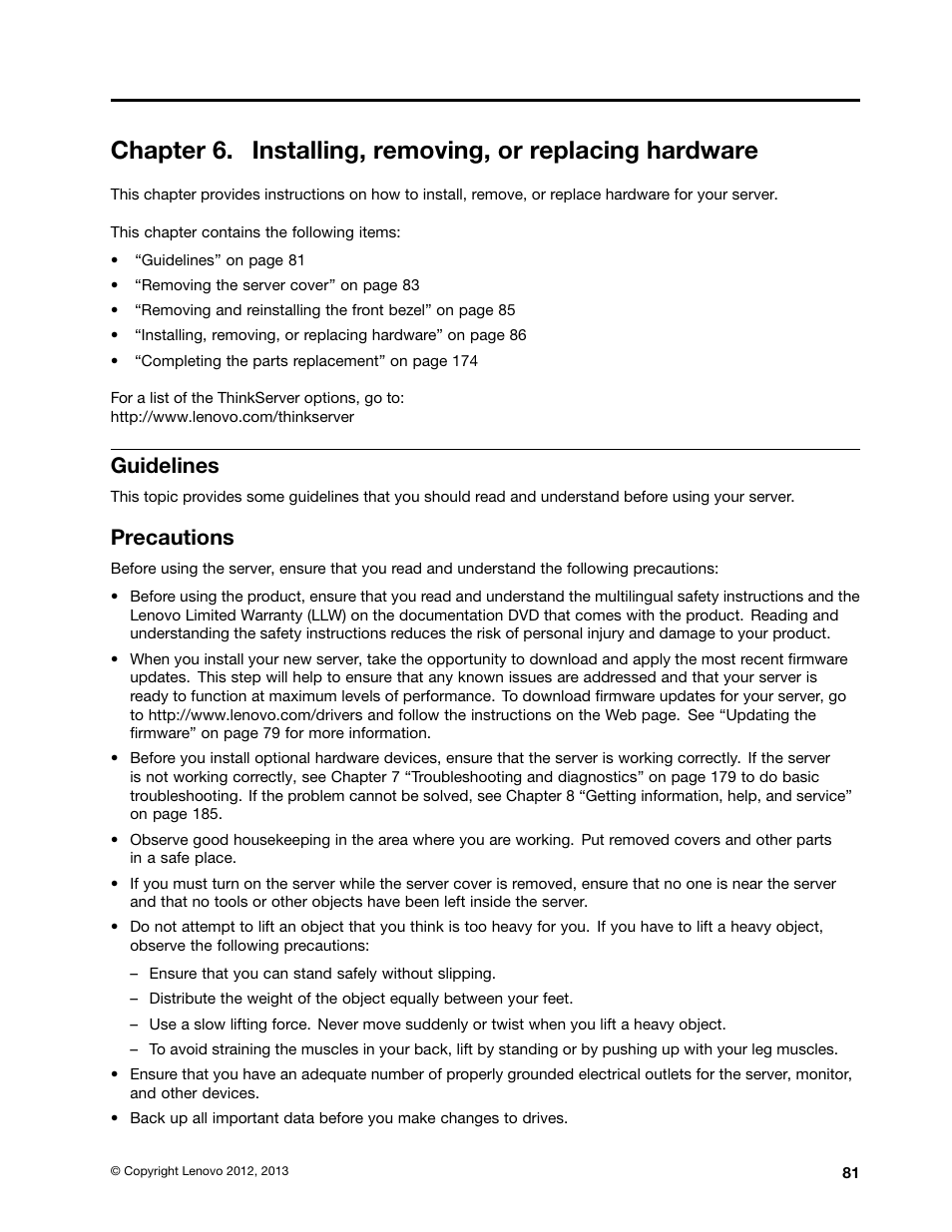 Guidelines, Precautions, Chapter 6 “installing, removing | Lenovo ThinkServer RD430 User Manual | Page 93 / 216