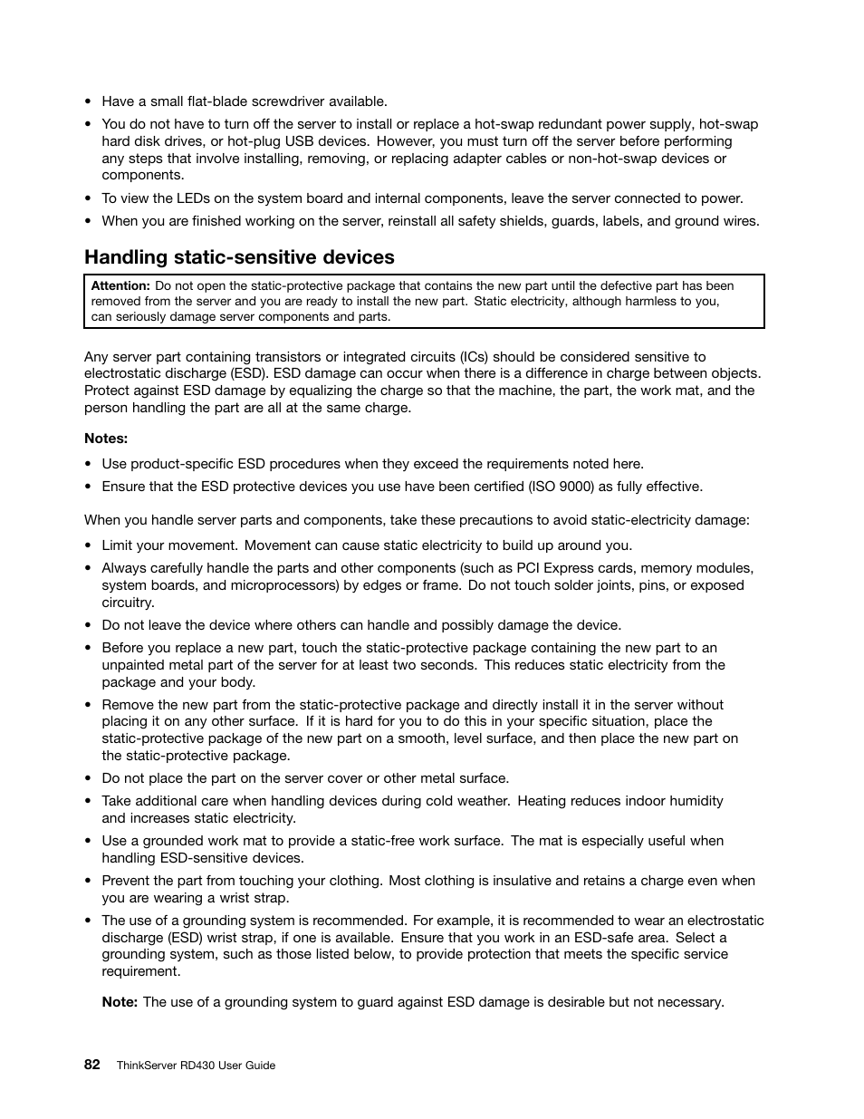 Handling static-sensitive devices | Lenovo ThinkServer RD430 User Manual | Page 94 / 216