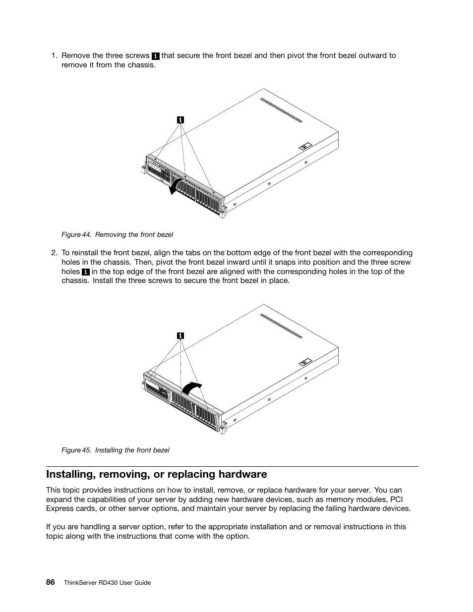 Installing, removing, or replacing hardware | Lenovo ThinkServer RD430 User Manual | Page 98 / 216