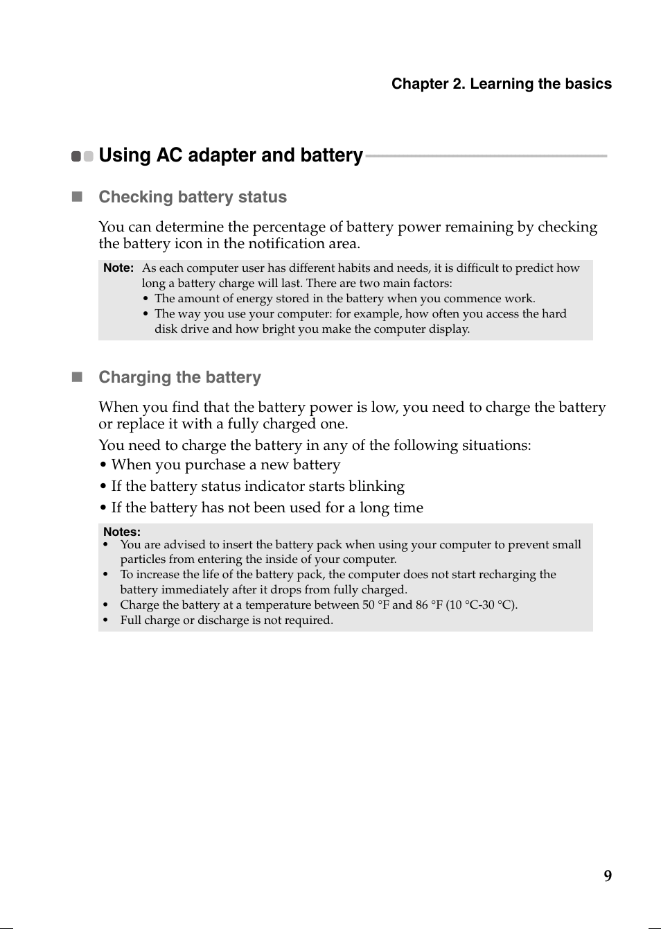 Using ac adapter and battery, Checking battery status, Charging the battery | Lenovo V370 Notebook User Manual | Page 13 / 40