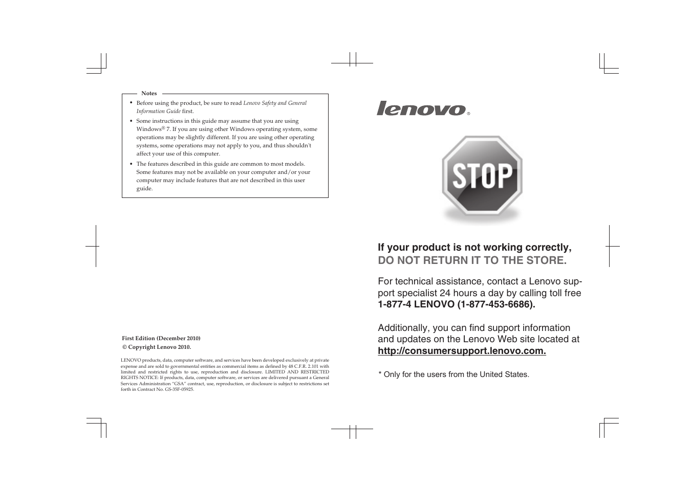 Do not return it to the store, If your product is not working correctly, Only for the users from the united states | Lenovo V370 Notebook User Manual | Page 2 / 40