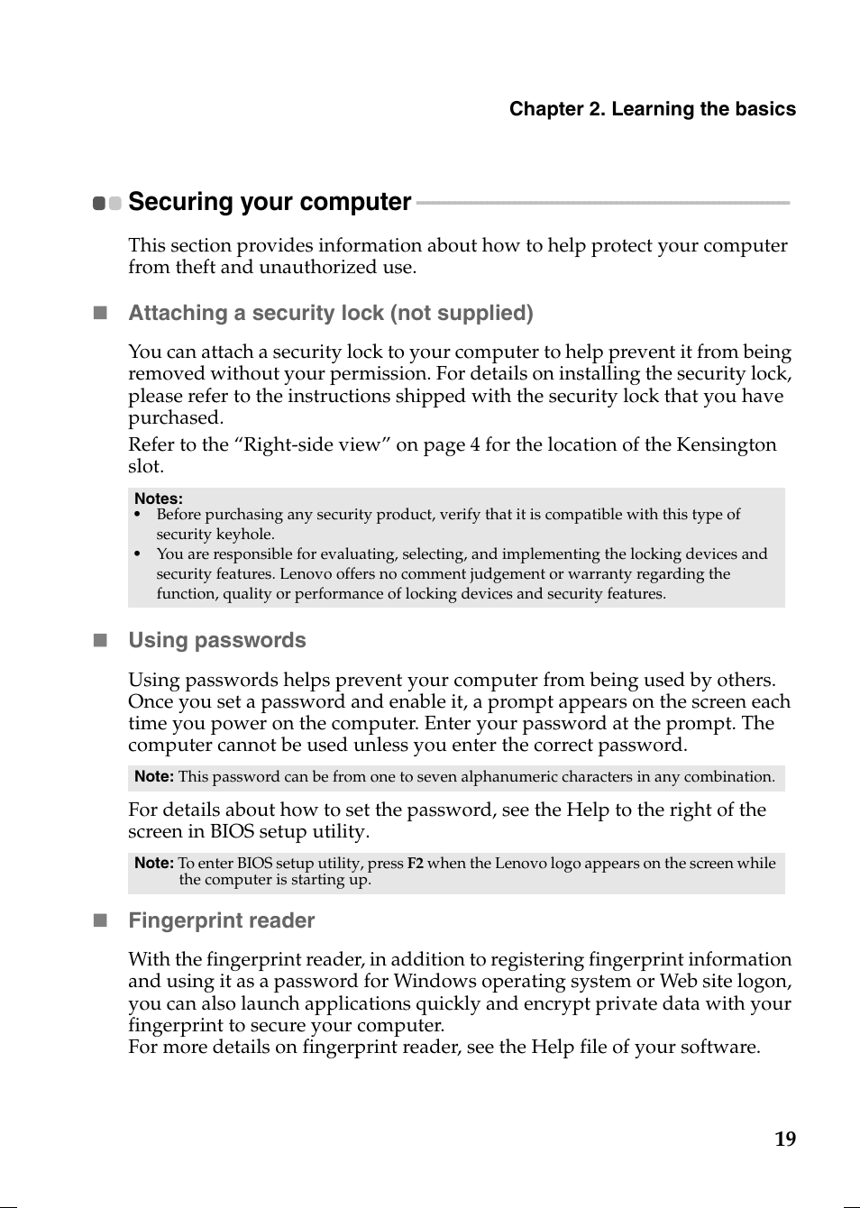 Securing your computer | Lenovo V370 Notebook User Manual | Page 23 / 40