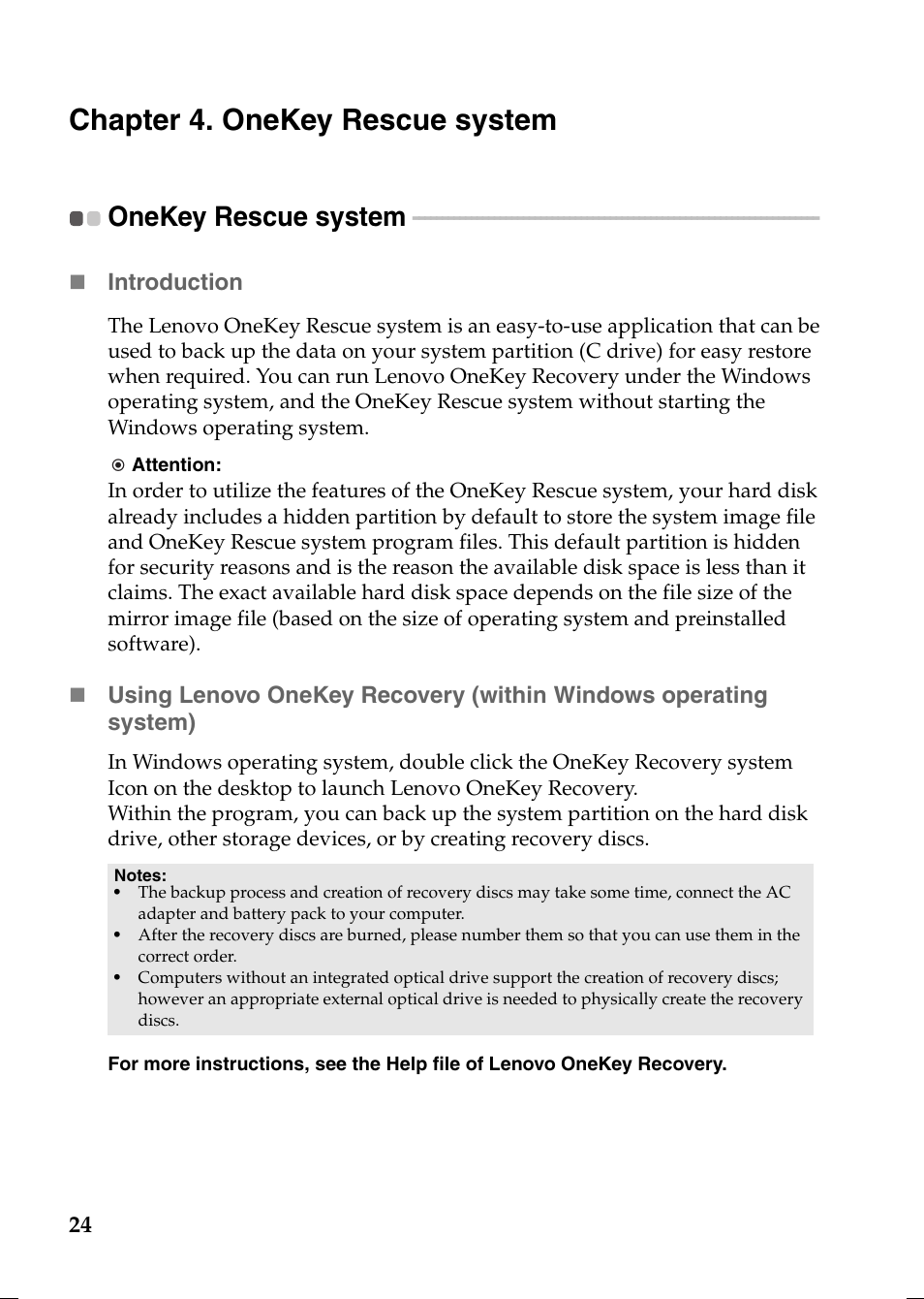 Chapter 4. onekey rescue system, Onekey rescue system | Lenovo V370 Notebook User Manual | Page 28 / 40