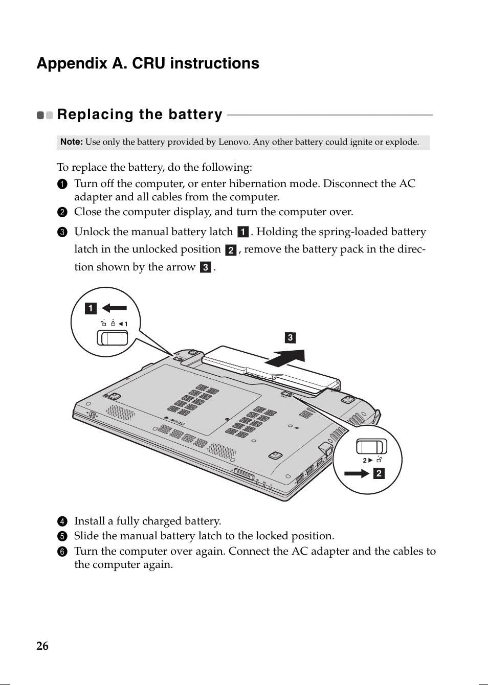 Appendix a. cru instructions, Replacing the battery | Lenovo V370 Notebook User Manual | Page 30 / 40