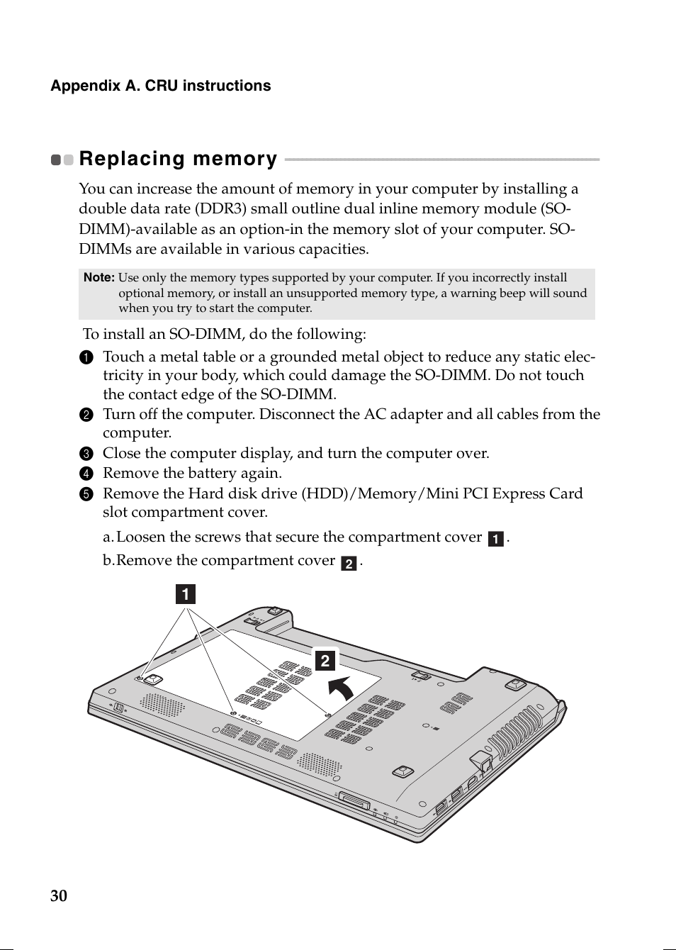 Replacing memory | Lenovo V370 Notebook User Manual | Page 34 / 40