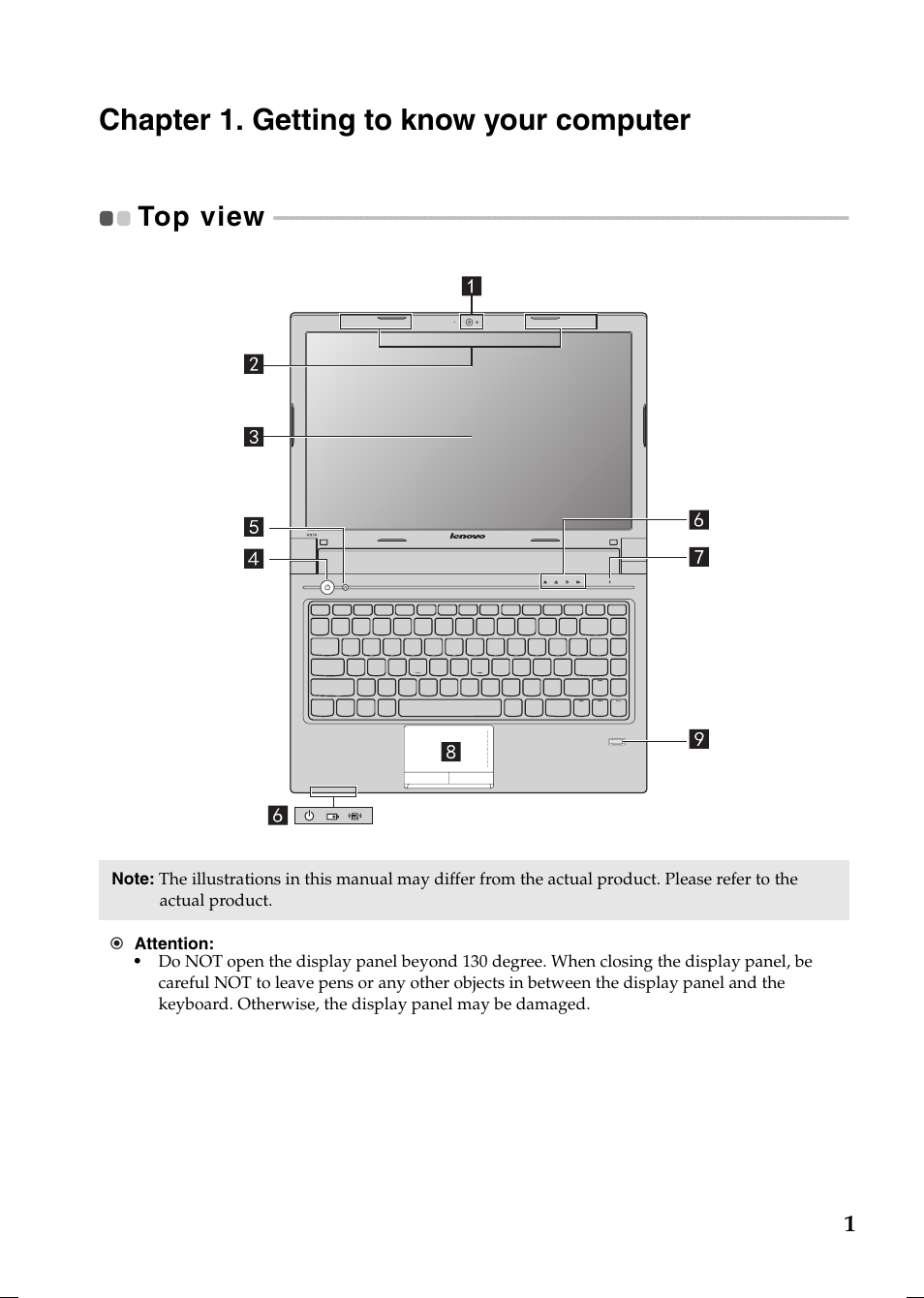 Chapter 1. getting to know your computer, Top view | Lenovo V370 Notebook User Manual | Page 5 / 40