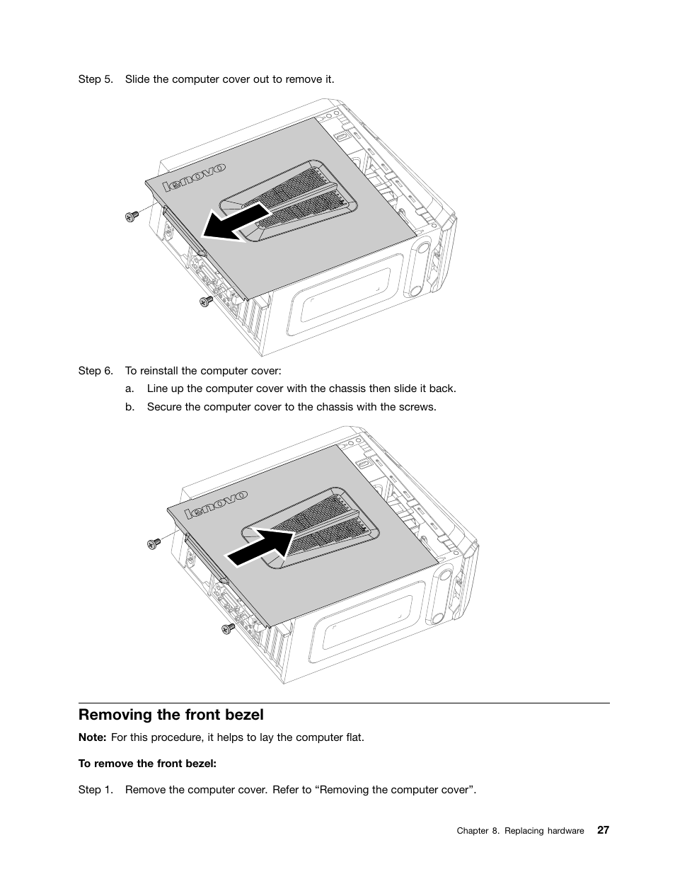 Removing the front bezel | Lenovo IdeaCentre K415 User Manual | Page 33 / 57