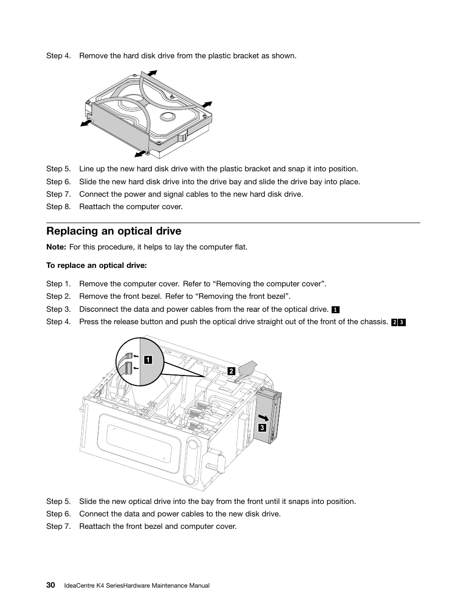 Replacing an optical drive | Lenovo IdeaCentre K415 User Manual | Page 36 / 57