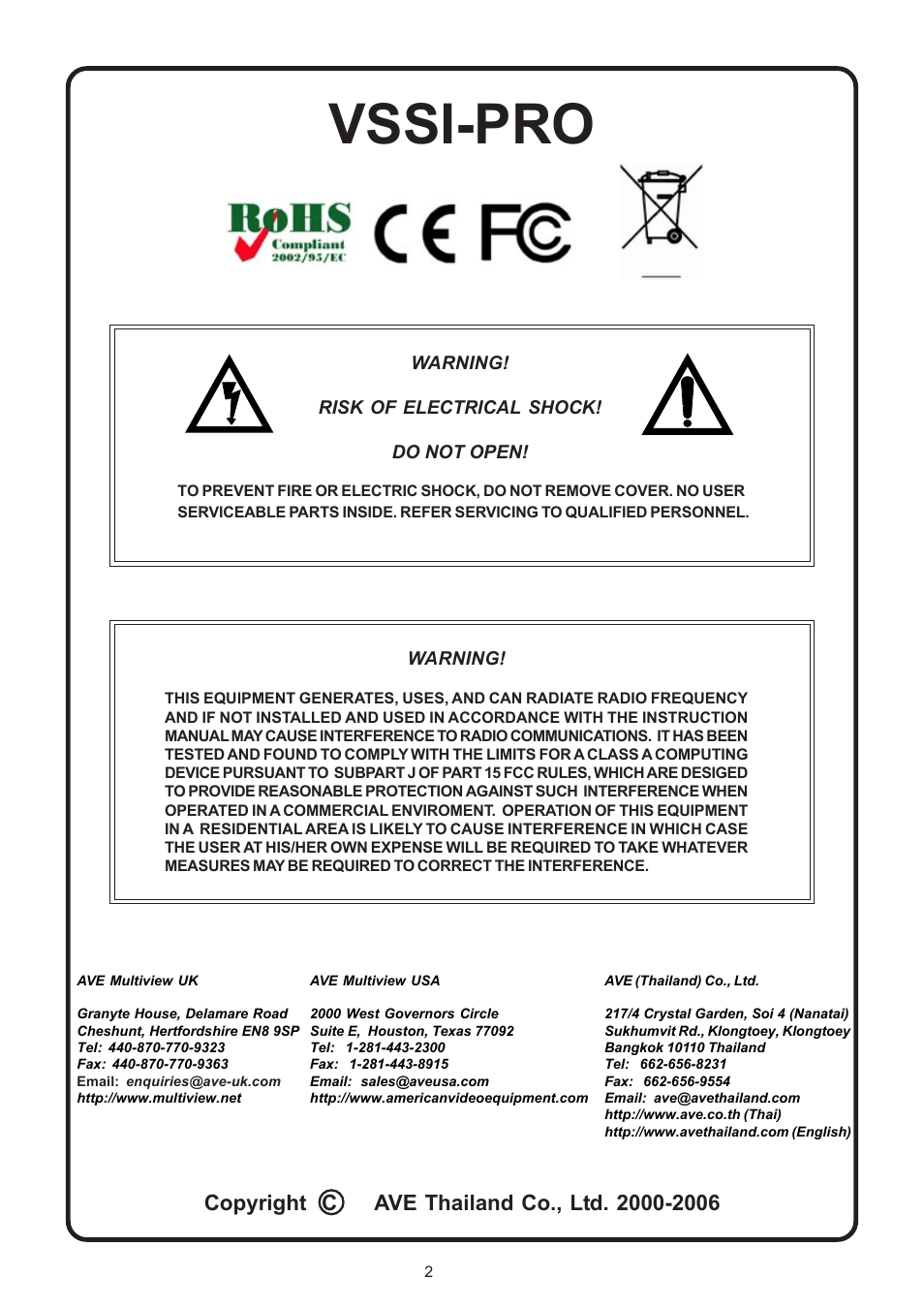 Vssi-pro | AVE Video Serial Synchronous ATM Interface VSSI-PRO User Manual | Page 2 / 64