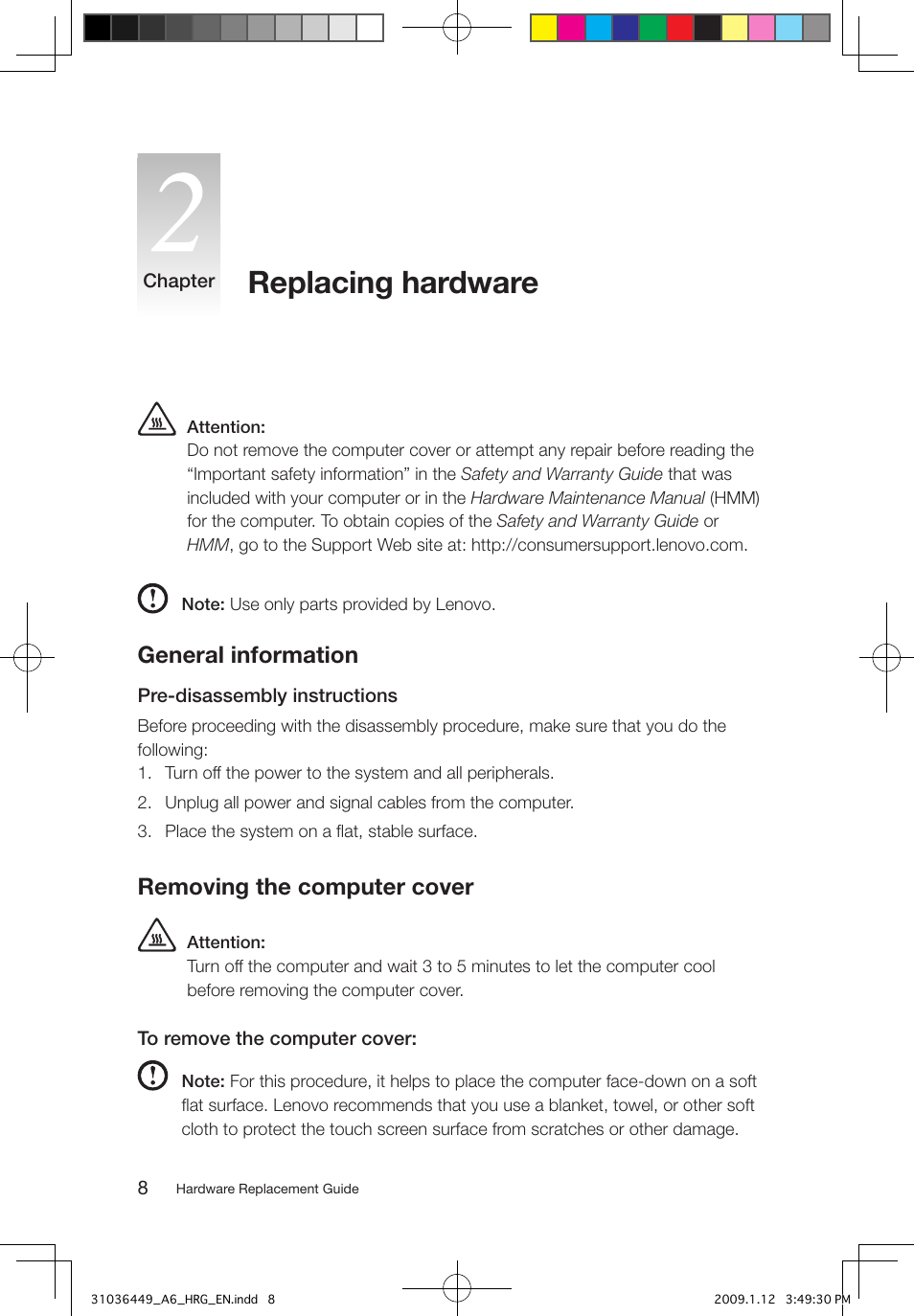Replacing hardware, General information, Removing the computer cover | Lenovo IdeaCentre A600 User Manual | Page 11 / 33