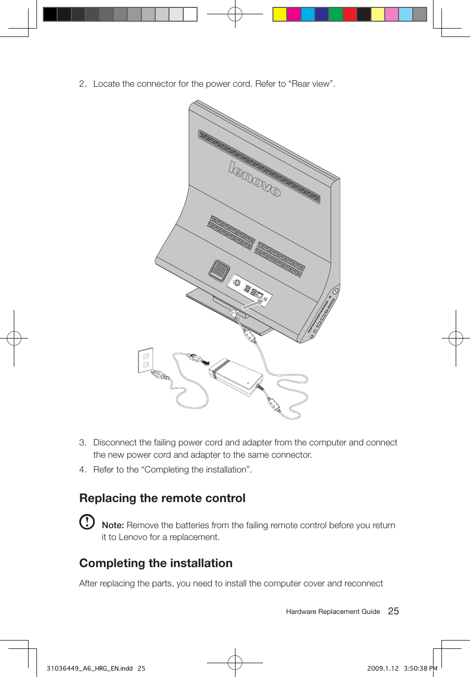 Replacing the remote control, Completing the installation | Lenovo IdeaCentre A600 User Manual | Page 28 / 33