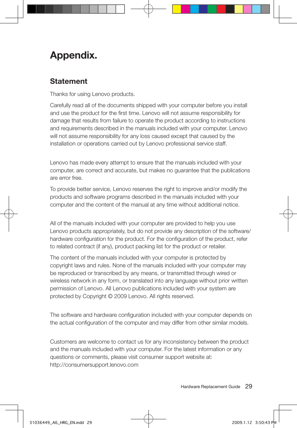 Appendix, Statement | Lenovo IdeaCentre A600 User Manual | Page 32 / 33