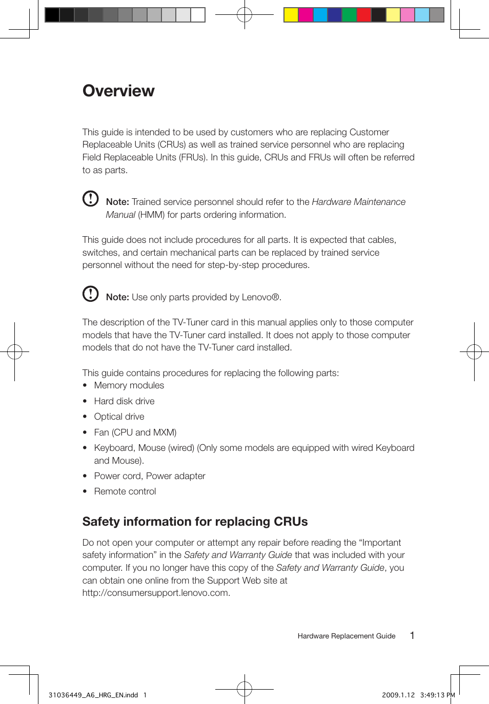 Overview, Safety information for replacing crus | Lenovo IdeaCentre A600 User Manual | Page 4 / 33