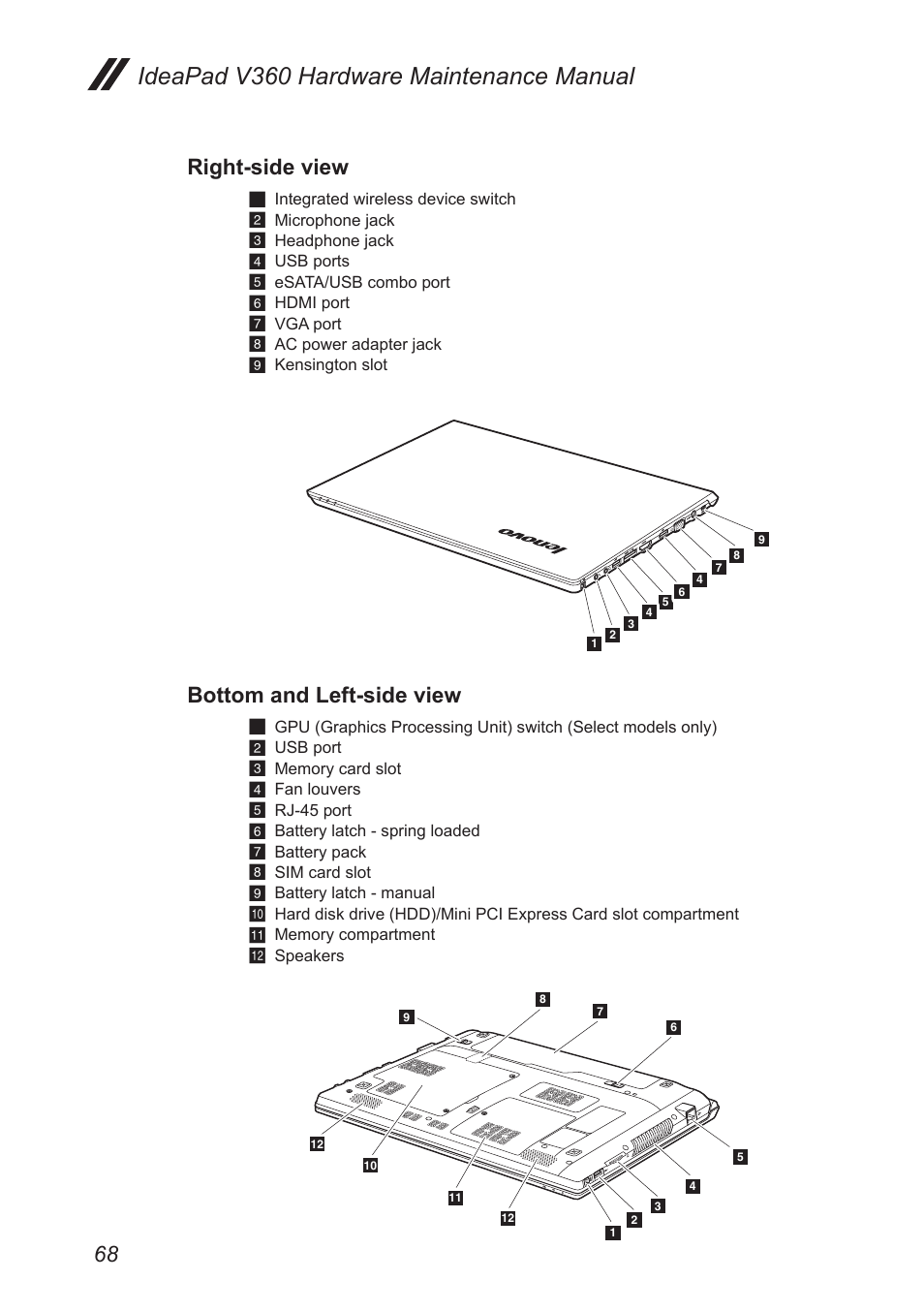 Right-side view, Bottom and left-side view, Ideapad v360 hardware maintenance manual | Lenovo IdeaPad V360 User Manual | Page 72 / 87