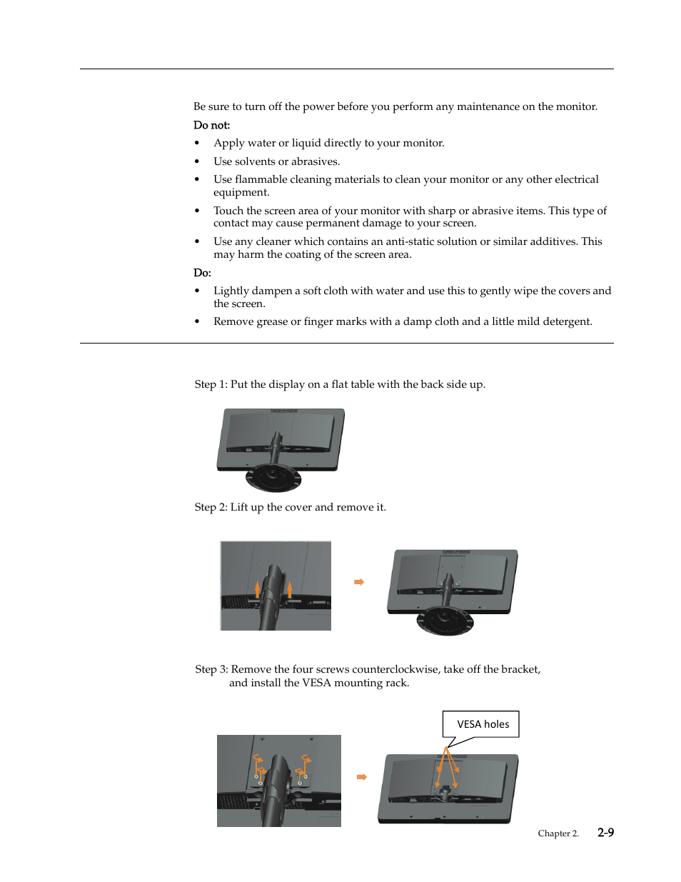 Caring for your monitor, Detaching the monitor stand, Caring for your monitor -9 | Lenovo L2060 Wide LCD Monitor User Manual | Page 18 / 27