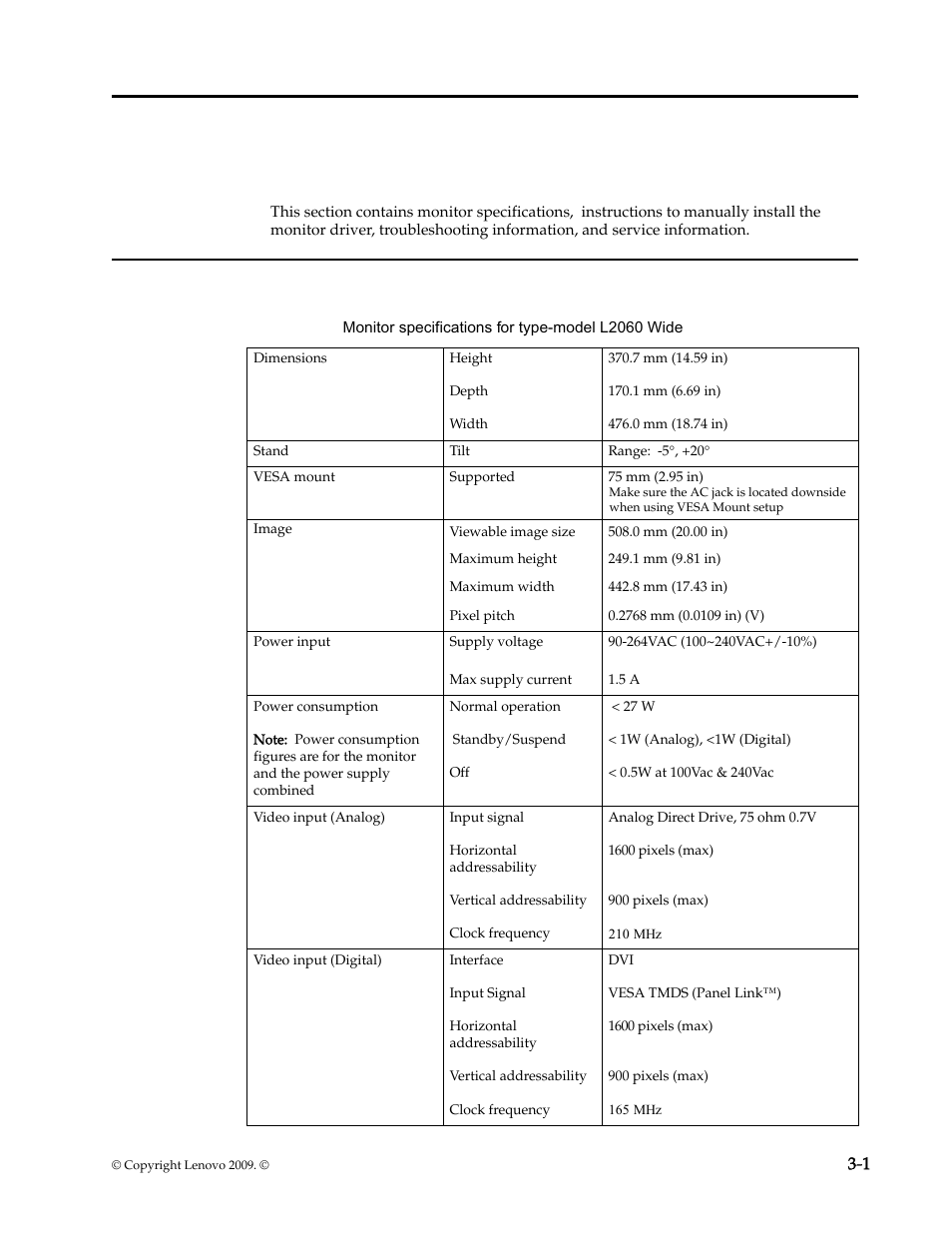 Chapter 3. reference information, Monitor specifications | Lenovo L2060 Wide LCD Monitor User Manual | Page 19 / 27