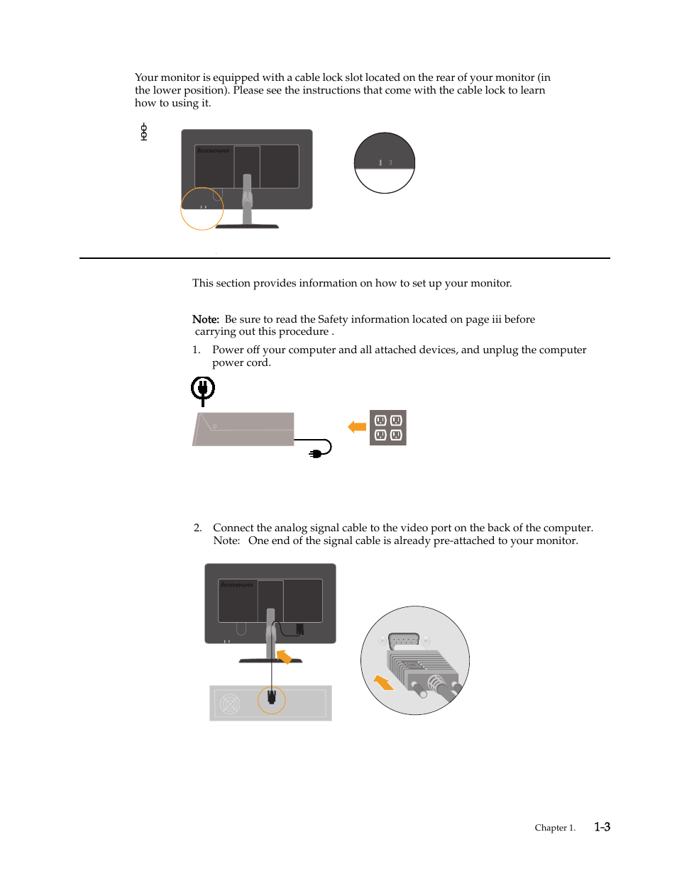 Cable lock slot, Setting up your monitor, Connecting and turning on your monitor | Lenovo L2060 Wide LCD Monitor User Manual | Page 7 / 27