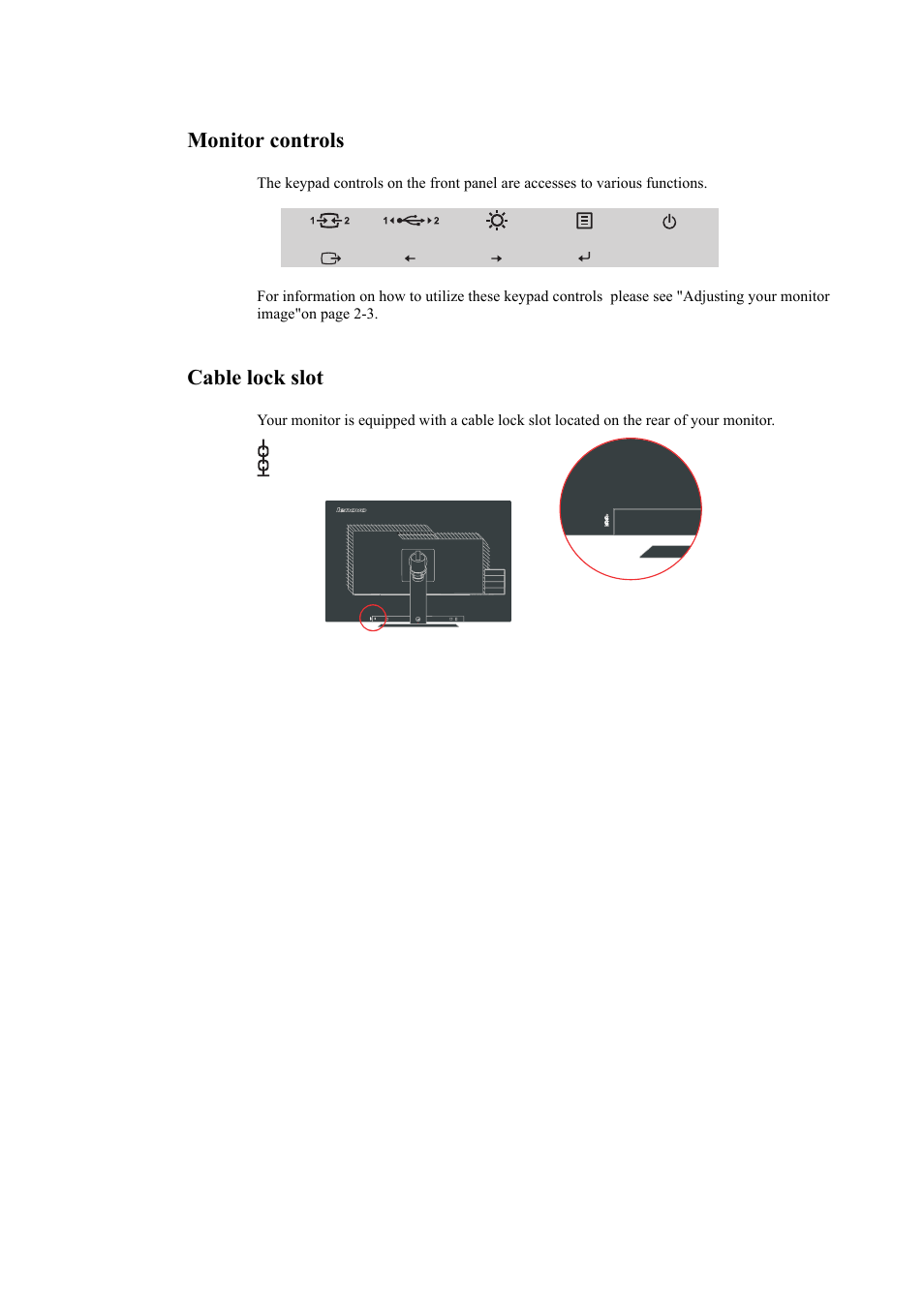 Monitor controls, Cable lock slot, Cable lock slot -6 | Lenovo ThinkVision LT3053p 30in LCD Monitor User Manual | Page 10 / 45