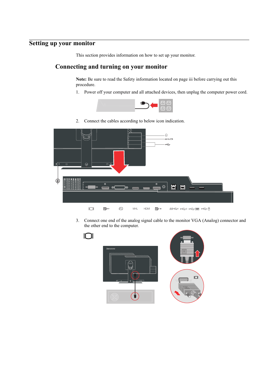 Setting up your monitor, Connecting and turning on your monitor, Setting up your monitor -7 | Connecting and turning on your monitor -7 | Lenovo ThinkVision LT3053p 30in LCD Monitor User Manual | Page 11 / 45