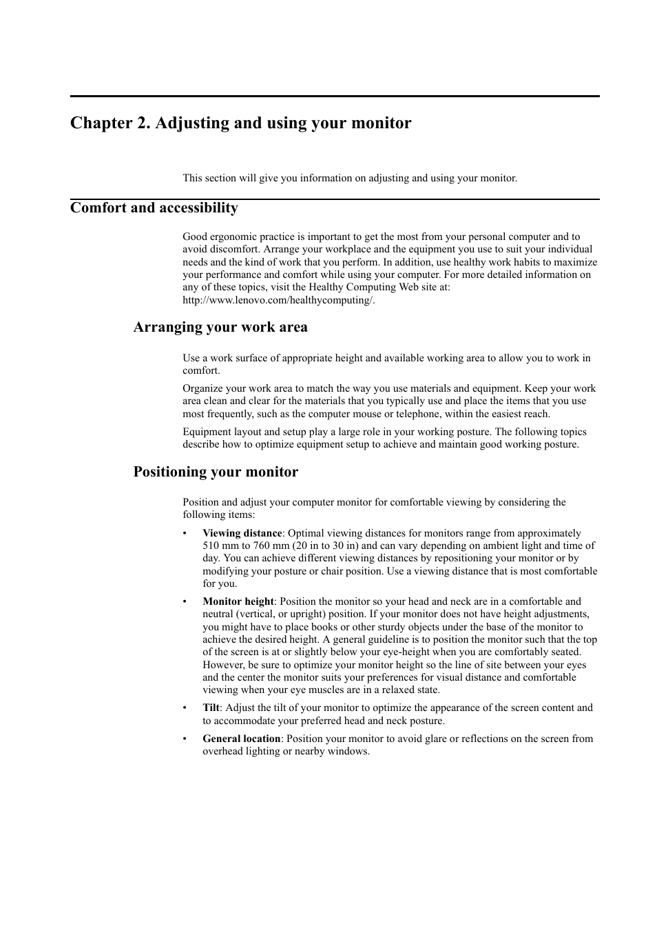 Chapter 2. adjusting and using your monitor, Comfort and accessibility, Arranging your work area | Positioning your monitor, Comfort and accessibility -1 | Lenovo ThinkVision LT3053p 30in LCD Monitor User Manual | Page 19 / 45