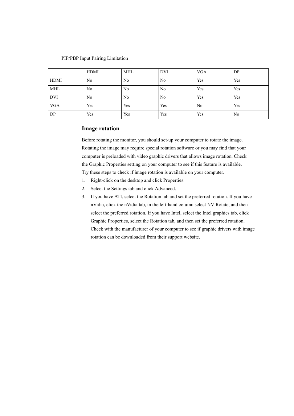 Pip/pbp input pairing limitation, Image rotation | Lenovo ThinkVision LT3053p 30in LCD Monitor User Manual | Page 28 / 45