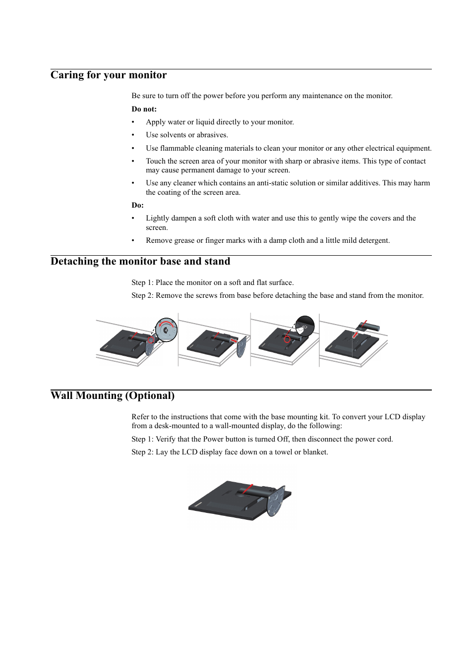 Caring for your monitor, Detaching the monitor base and stand, Wall mounting (optional) | Lenovo ThinkVision LT3053p 30in LCD Monitor User Manual | Page 30 / 45