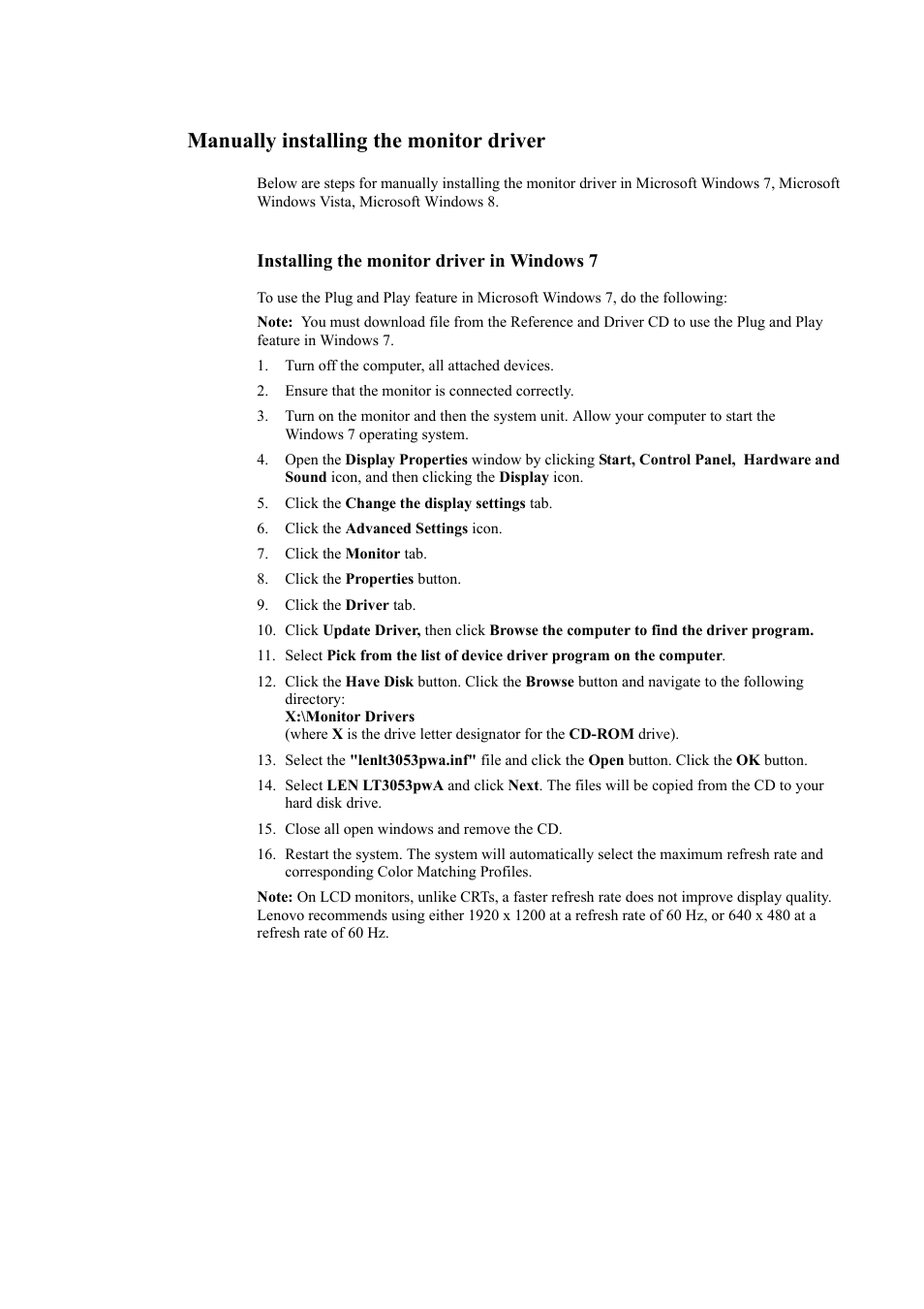 Manually installing the monitor driver, Installing the monitor driver in windows 7, Manually installing the monitor driver -5 | Installing the monitor driver in windows 7 -5 | Lenovo ThinkVision LT3053p 30in LCD Monitor User Manual | Page 36 / 45