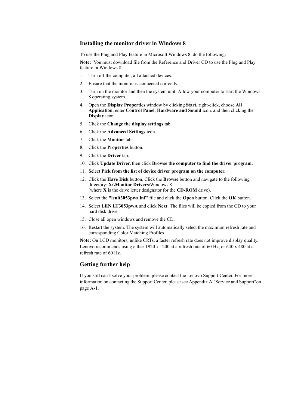 Installing the monitor driver in windows 8, Getting further help, Getting further help -7 | Lenovo ThinkVision LT3053p 30in LCD Monitor User Manual | Page 38 / 45