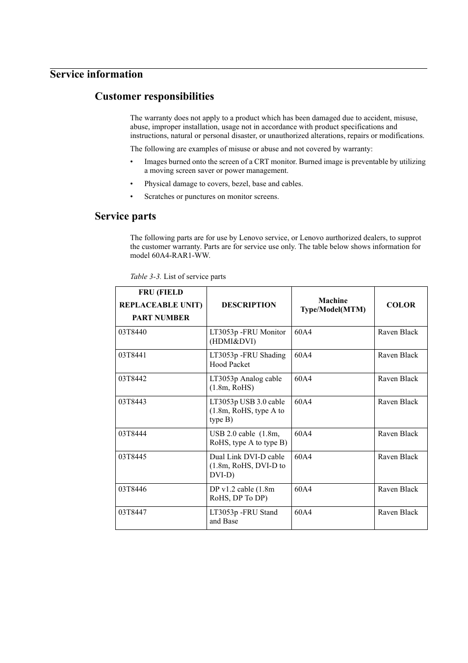 Service information, Customer responsibilities, Service parts | Customer responsibilities -8 service parts -8, Service information customer responsibilities | Lenovo ThinkVision LT3053p 30in LCD Monitor User Manual | Page 39 / 45