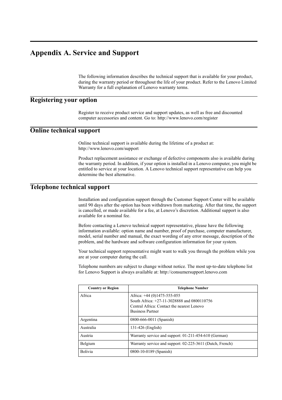 Appendix a. service and support, Registering your option, Online technical support | Telephone technical support | Lenovo ThinkVision LT3053p 30in LCD Monitor User Manual | Page 40 / 45