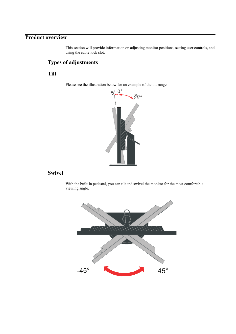 Product overview, Types of adjustments, Tilt | Swivel, Types of adjustments -4 tilt -4 swivel -4 | Lenovo ThinkVision LT3053p 30in LCD Monitor User Manual | Page 8 / 45