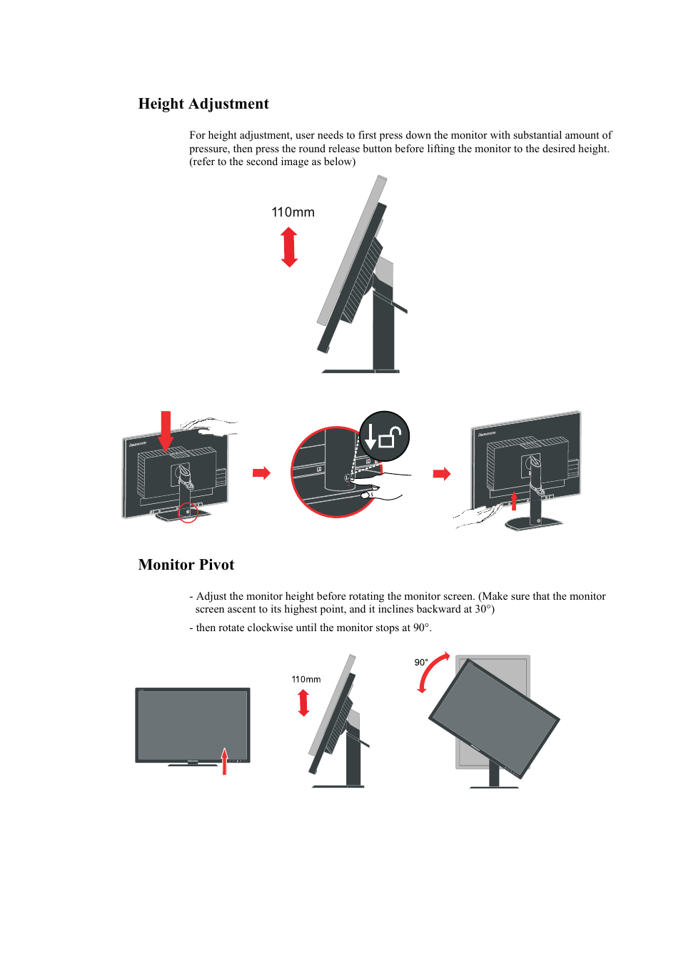 Height adjustment, Monitor pivot, Height adjustment -5 | Lenovo ThinkVision LT3053p 30in LCD Monitor User Manual | Page 9 / 45