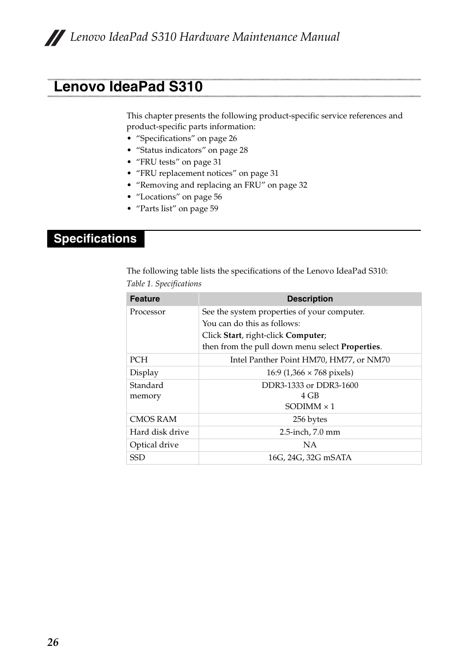 Lenovo ideapad s310, Specifications, Lenovo ideapad s310 specifications | Lenovo ideapad s310 hardware maintenance manual | Lenovo IdeaPad S310 Notebook User Manual | Page 30 / 80