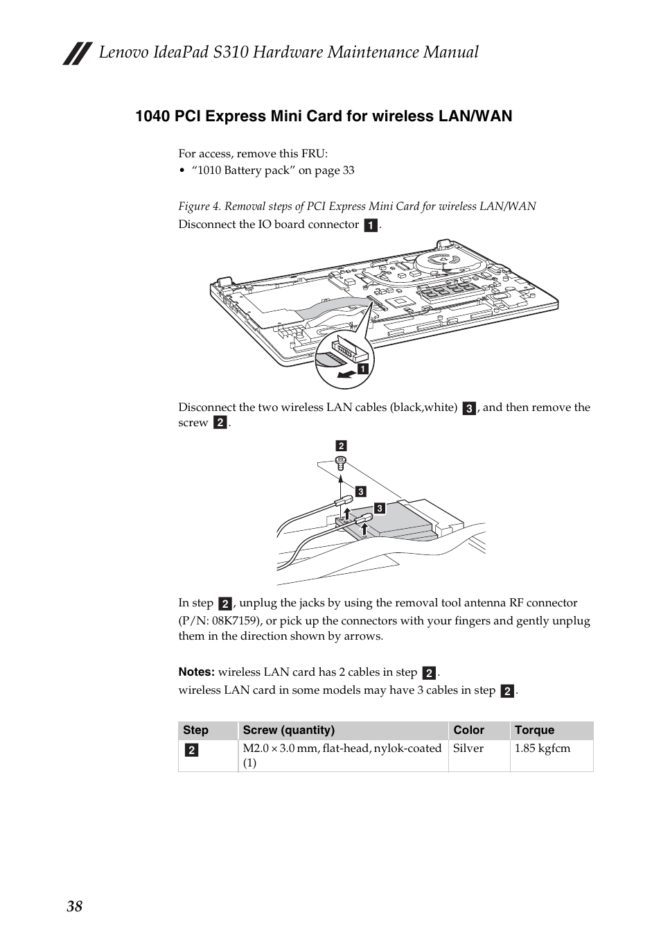 1040 pci express mini card for wireless lan/wan, Lenovo ideapad s310 hardware maintenance manual | Lenovo IdeaPad S310 Notebook User Manual | Page 42 / 80