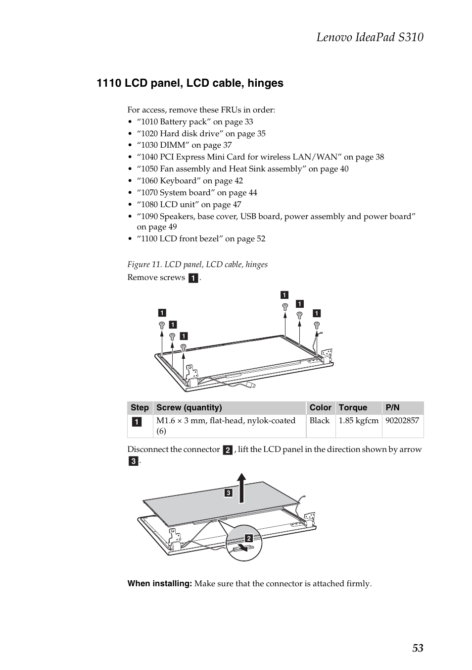 1110 lcd panel, lcd cable, hinges, Lenovo ideapad s310 | Lenovo IdeaPad S310 Notebook User Manual | Page 57 / 80