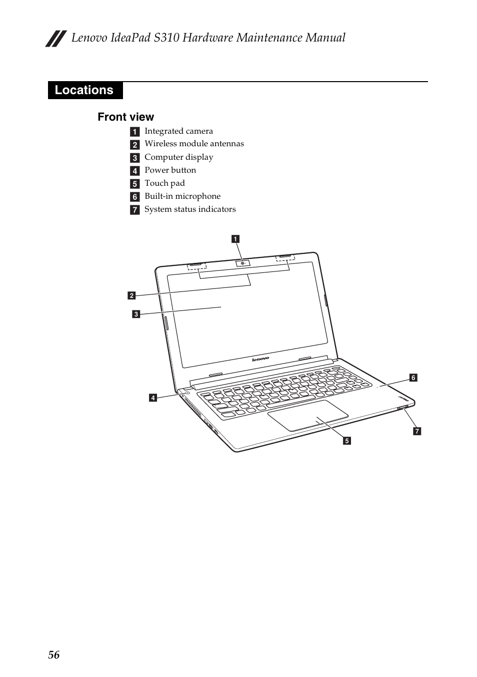 Locations, Front view, Lenovo ideapad s310 hardware maintenance manual | 56 front view | Lenovo IdeaPad S310 Notebook User Manual | Page 60 / 80