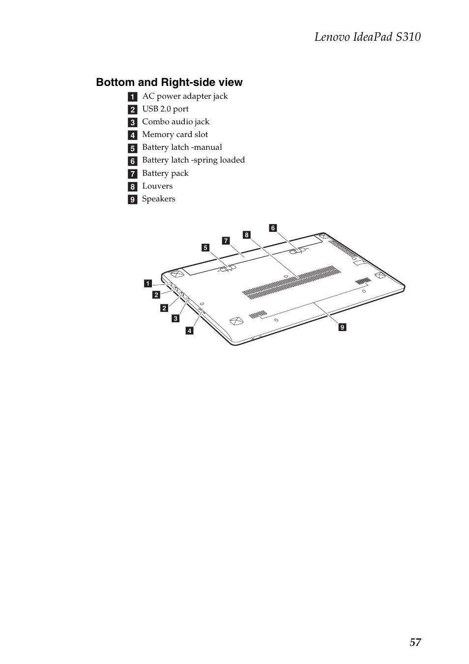Bottom and right-side view, Lenovo ideapad s310, 57 bottom and right-side view | Lenovo IdeaPad S310 Notebook User Manual | Page 61 / 80