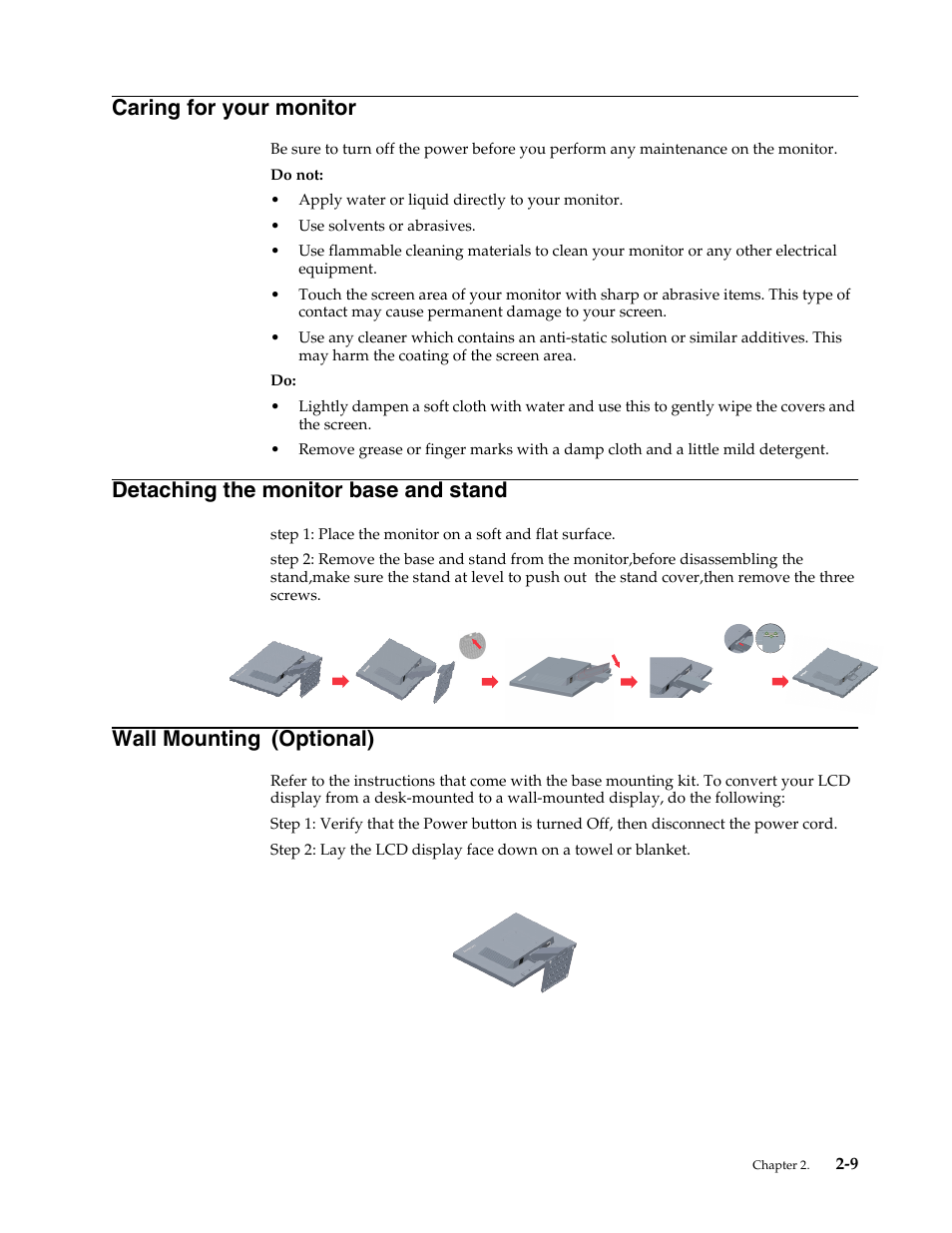 Caring for your monitor, Detaching the monitor base and stand, Wall mounting (optional) | Detaching the monitor base and stand -10, Wall mounting | Lenovo ThinkVision LT2013s 19.5-inch WLED Backlit LCD Monitor User Manual | Page 20 / 35