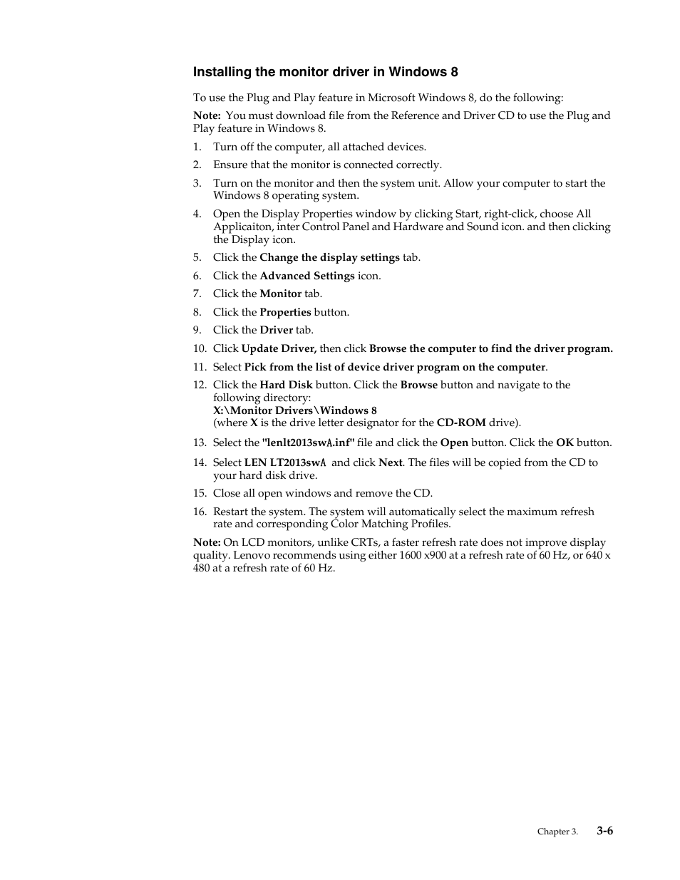 Installing the monitor driver in windows 8, Installing the monitor driver in windows 8 -6 | Lenovo ThinkVision LT2013s 19.5-inch WLED Backlit LCD Monitor User Manual | Page 27 / 35