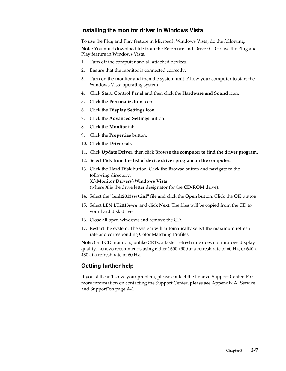 Installing the monitor driver in windows vista, Getting further help, Installing the monitor driver in windows vista -7 | Getting further help -7 | Lenovo ThinkVision LT2013s 19.5-inch WLED Backlit LCD Monitor User Manual | Page 28 / 35