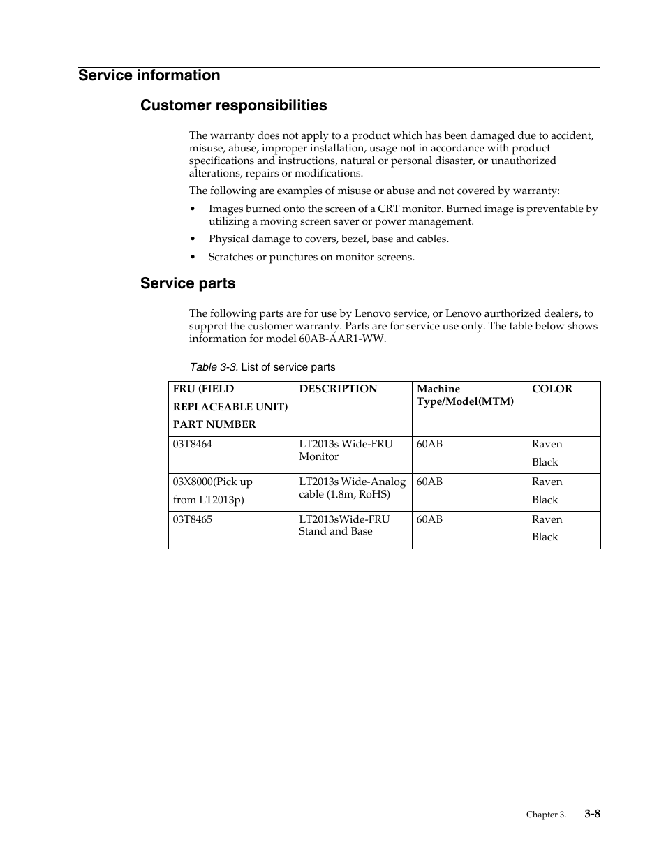 Service information, Customer responsibilities, Service parts | Service information -8, Customer responsibilities -8, Service parts -8, Service information customer responsibilities | Lenovo ThinkVision LT2013s 19.5-inch WLED Backlit LCD Monitor User Manual | Page 29 / 35