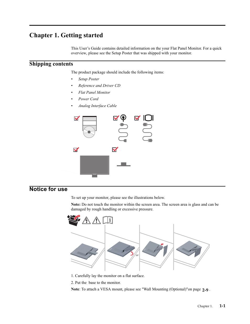 Chapter 1. getting started, Shipping contents, Notice for use | Chapter 1. getting, Shipping contents -1, Notice for use -1 | Lenovo ThinkVision LT2013s 19.5-inch WLED Backlit LCD Monitor User Manual | Page 5 / 35