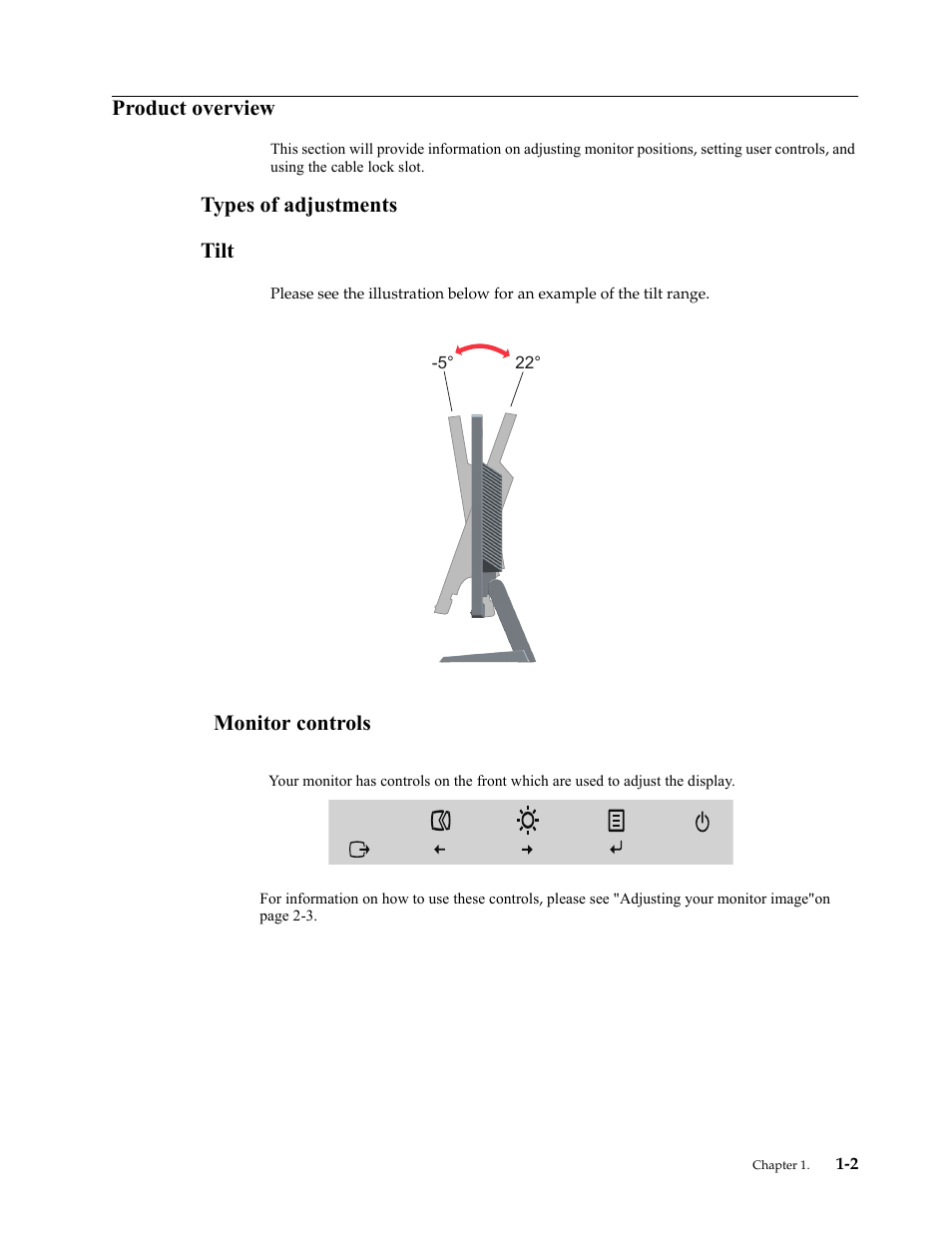 Product overview, Types of adjustments, Tilt | Monitor controls, Product overview -2, Types of adjustments -2, Tilt -2, Monitor controls -2, Types of adjustments tilt | Lenovo ThinkVision LT2013s 19.5-inch WLED Backlit LCD Monitor User Manual | Page 6 / 35