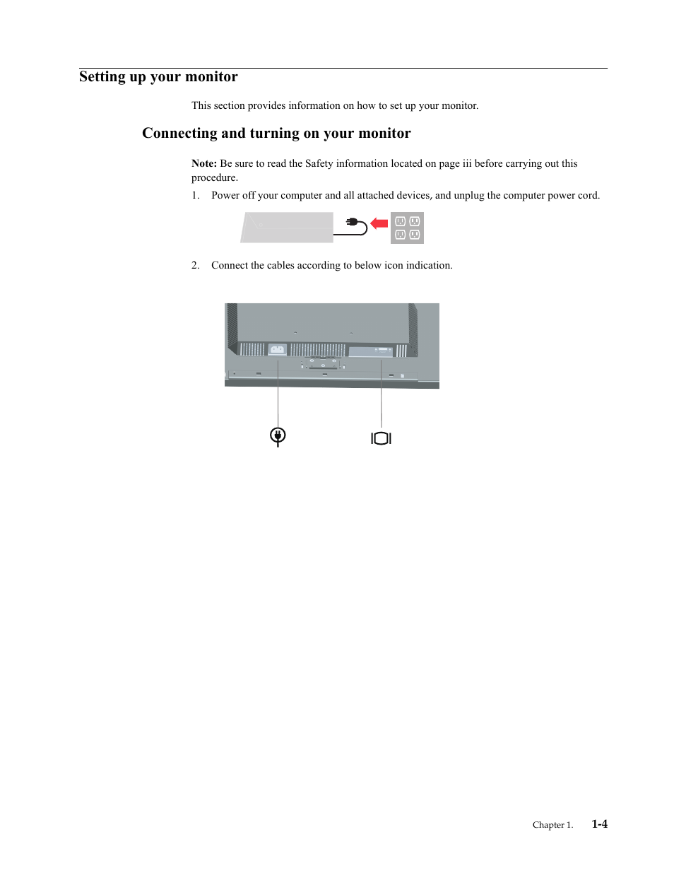 Setting up your monitor, Connecting and turning on your monitor, Setting up your monitor -4 | Connecting and turning on your monitor -4 | Lenovo ThinkVision LT2013s 19.5-inch WLED Backlit LCD Monitor User Manual | Page 8 / 35