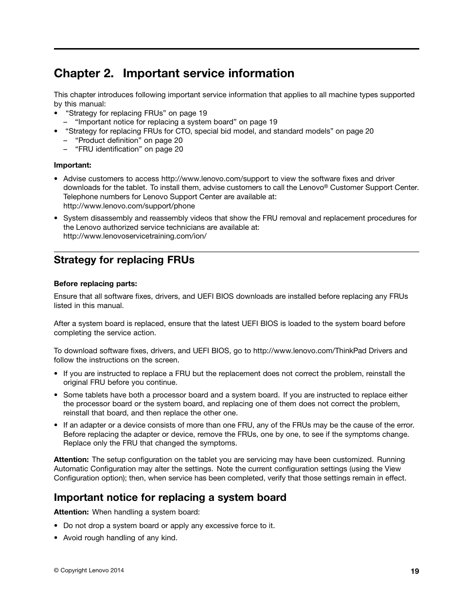 Chapter 2. important service information, Strategy for replacing frus, Important notice for replacing a system board | Lenovo ThinkPad 8 User Manual | Page 25 / 66