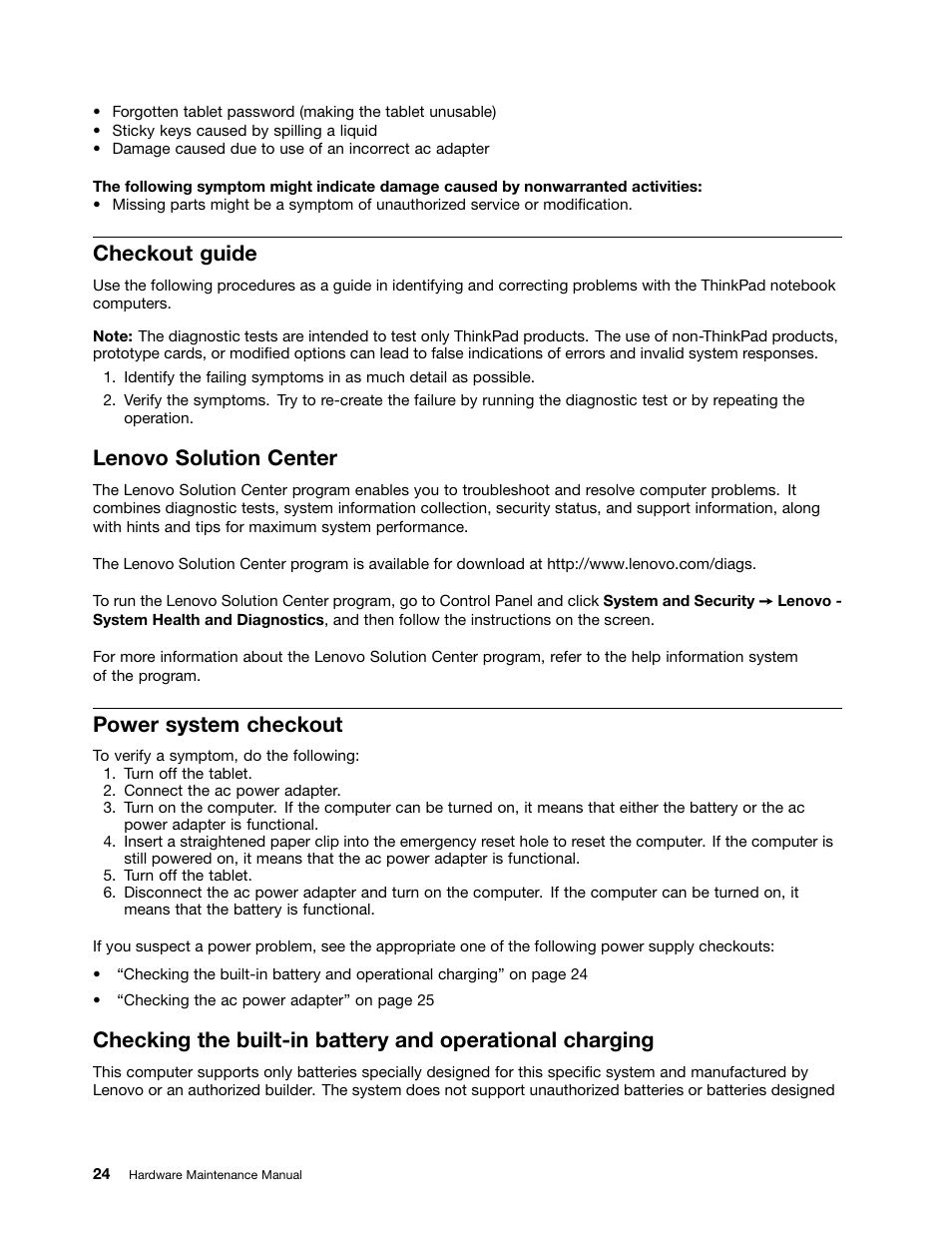 Checkout guide, Lenovo solution center, Power system checkout | Lenovo ThinkPad 8 User Manual | Page 30 / 66