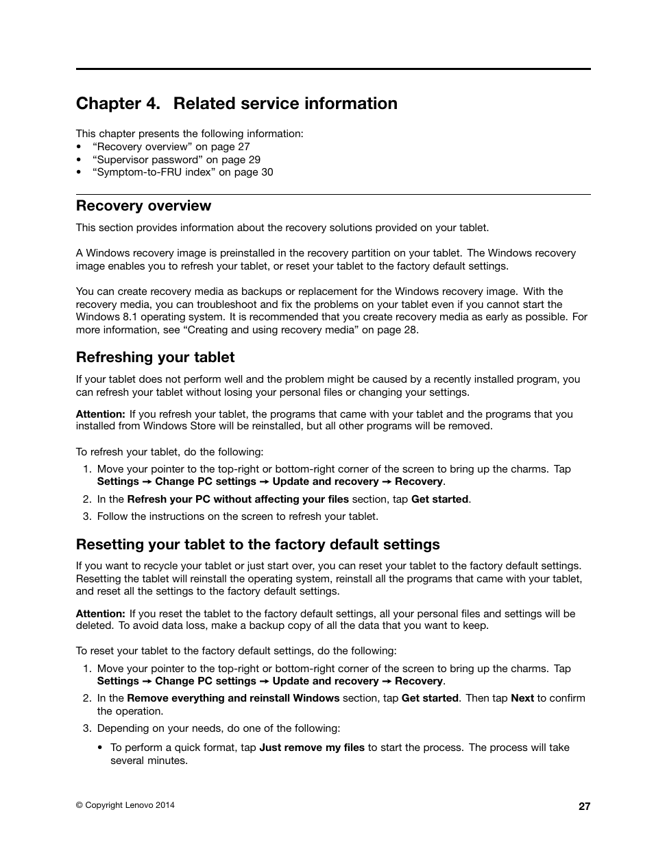 Chapter 4. related service information, Recovery overview, Refreshing your tablet | Lenovo ThinkPad 8 User Manual | Page 33 / 66