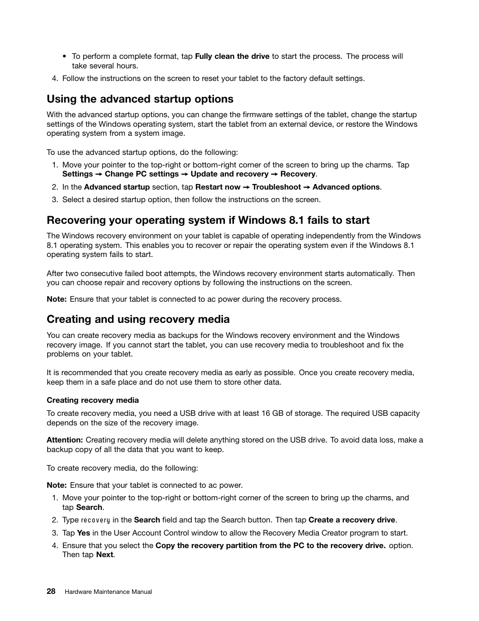 Using the advanced startup options, Creating and using recovery media | Lenovo ThinkPad 8 User Manual | Page 34 / 66