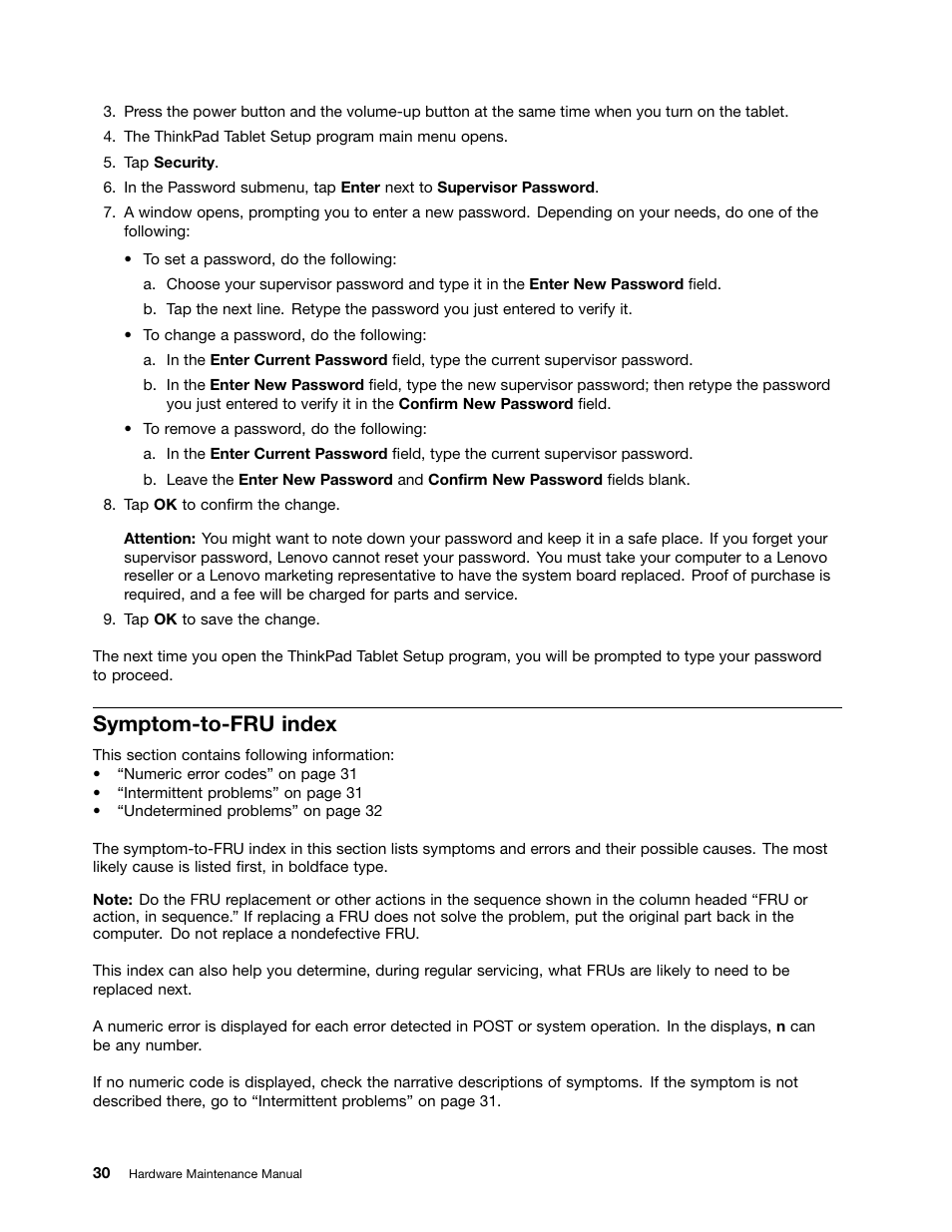 Symptom-to-fru index | Lenovo ThinkPad 8 User Manual | Page 36 / 66