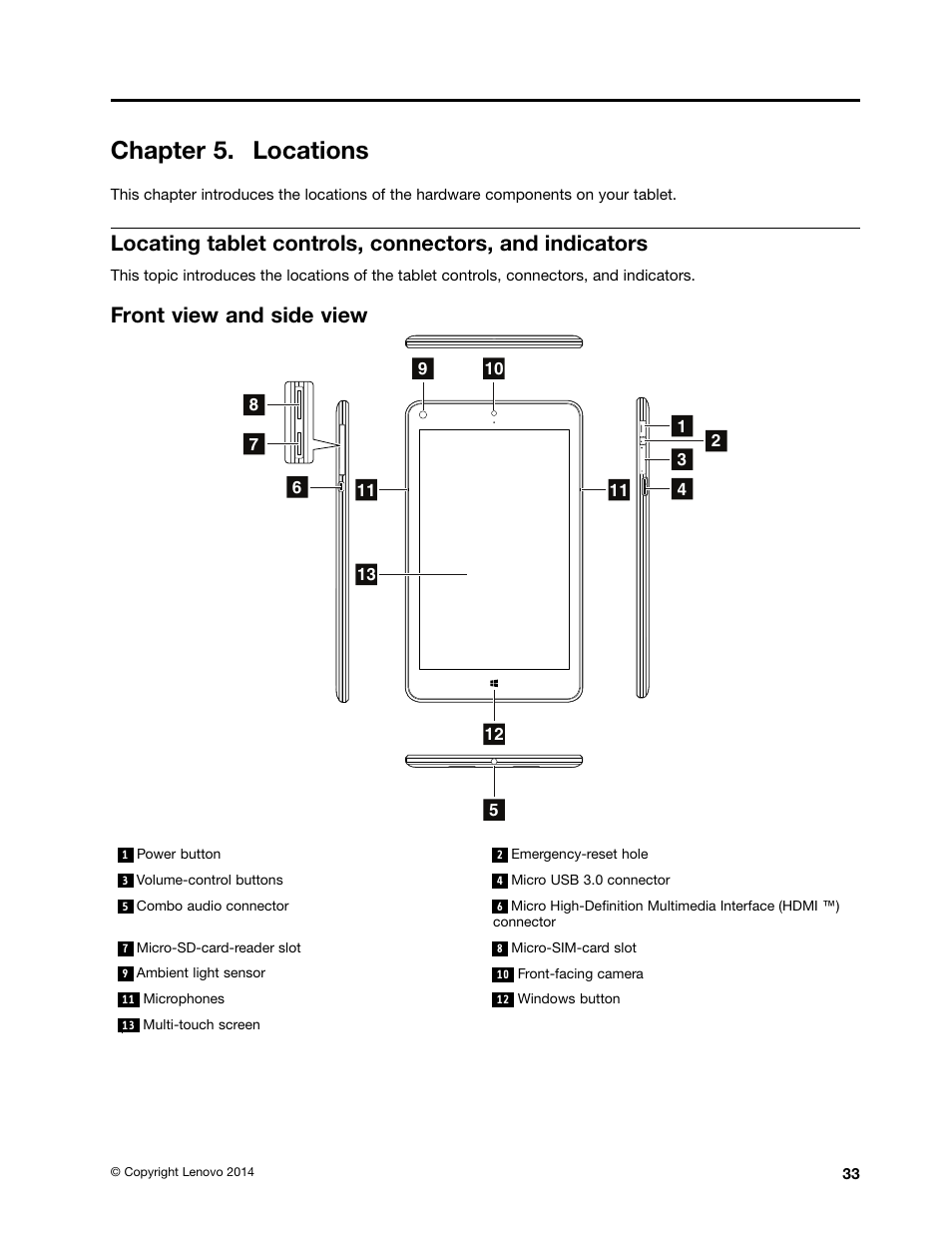 Chapter 5. locations, Front view and side view | Lenovo ThinkPad 8 User Manual | Page 39 / 66